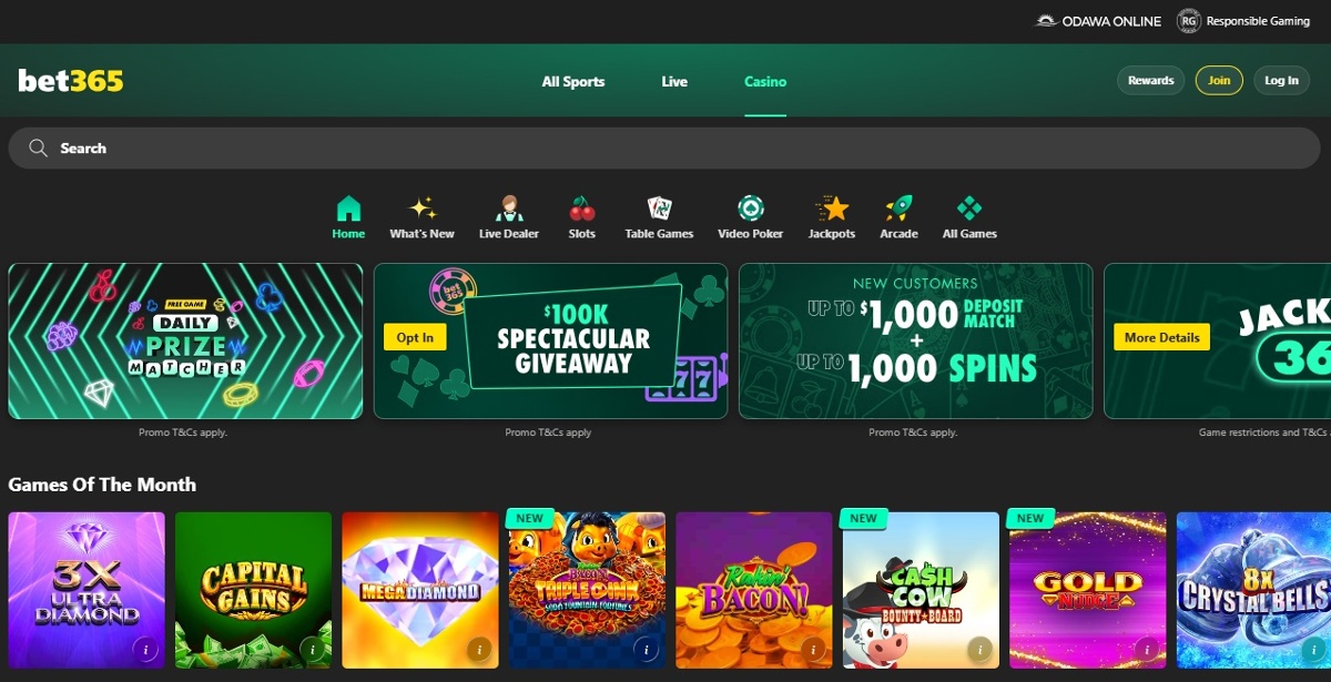 bet365 Michigan homepage showing games categories, promotion banners, and Games Of The Month